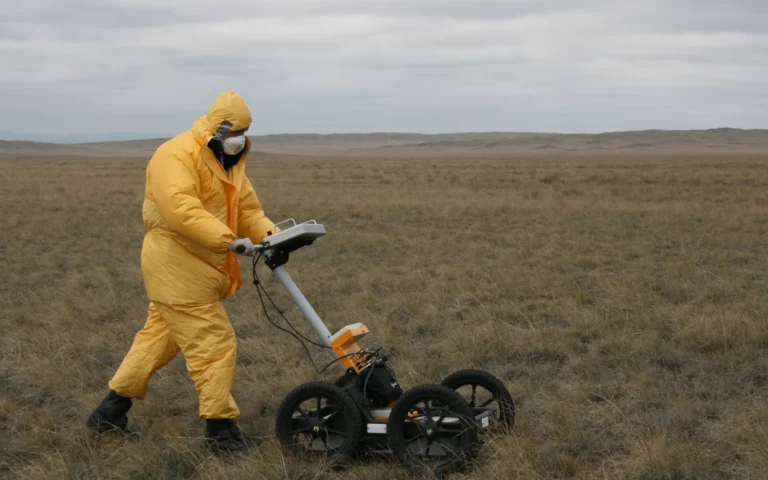 A person pushes a ground penetrating radar cart across a grassy field